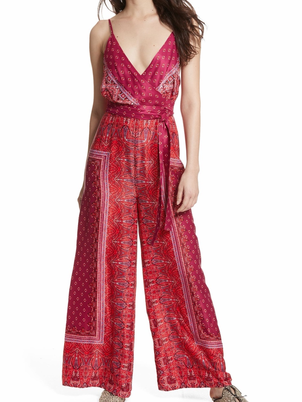 Free People Cabbage Rose Jumpsuit 2 Red Floral Wide Leg Boho Wrap Romper